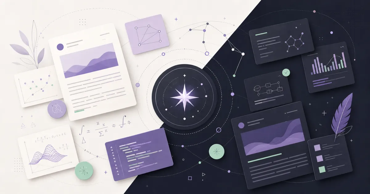 A light and dark research workspace with connected publication, code, chart, and writing cards.